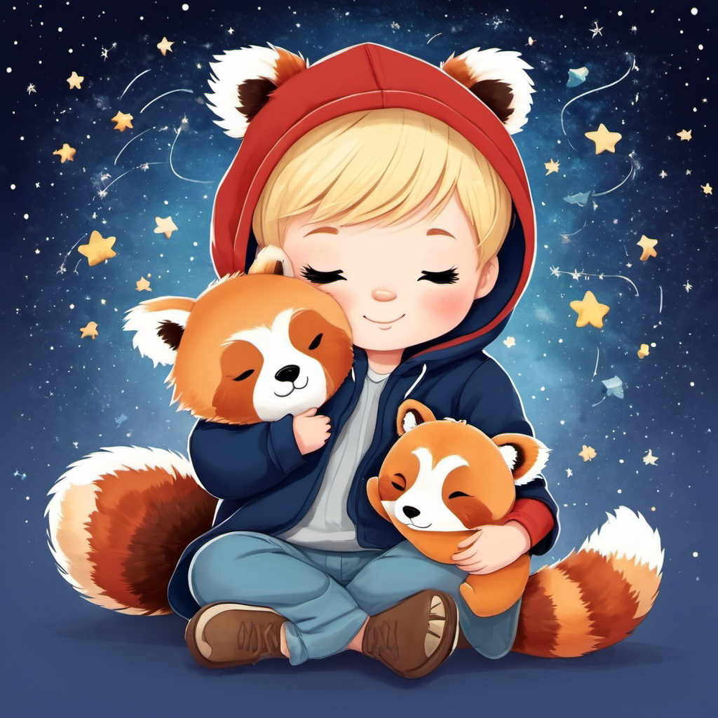 00006-472518356-illustration, children's book, simple art of a sleeping toddler boy with short wavy blonde hair wearing a hoodie, holding a sing.png